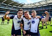13 July 2025; New York players, Dylan Curran, Jack Healy and Liam Rafferty celebrate after their side's victory in the GAA Football All-Ireland Junior Championship final match between New York and London at Croke Park in Dublin. Photo by Piaras Ó Mídheach/Sportsfile