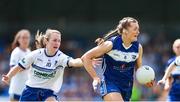 13 July 2025; Fiona Dooley of Laois in action against Rosemary Courtney of Monaghan during the TG4 All-Ireland Ladies Football Intermediate Championship semi-final match between Laois and Monaghan at Glennon Brothers Pearse Park in Longford. Photo by Thomas Flinkow/Sportsfile
