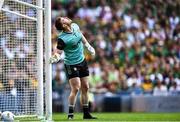 13 July 2025; Donegal goalkeeper Shaun Patton watches a Meath shot go wide the GAA Football All-Ireland Senior Championship semi-final match between Meath and Donegal at Croke Park in Dublin. Photo by Piaras Ó Mídheach/Sportsfile