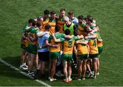 13 July 2025; Donegal manager Jim McGuinness speaks to his team ahead of the GAA Football All-Ireland Senior Championship semi-final match between Meath and Donegal at Croke Park in Dublin. Photo by Daire Brennan/Sportsfile