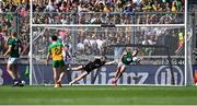 13 July 2025; Donal Keogan of Meath saves a shot on the goal line alongside Meath goalkeeper Billy Hogan the GAA Football All-Ireland Senior Championship semi-final match between Meath and Donegal at Croke Park in Dublin. Photo by Piaras Ó Mídheach/Sportsfile