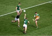 13 July 2025; Shane O'Donnell of Donegal in action against Eoghan Frayne, left, and Ronan Ryan of Meath during the GAA Football All-Ireland Senior Championship semi-final match between Meath and Donegal at Croke Park in Dublin. Photo by Daire Brennan/Sportsfile