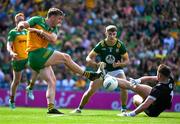 13 July 2025; Meath goalkeeper Billy Hogan saves a shot from Hugh McFadden of Donegal, in the 33rd minute, during the GAA Football All-Ireland Senior Championship semi-final match between Meath and Donegal at Croke Park in Dublin. Photo by Ray McManus/Sportsfile