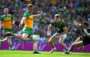 13 July 2025; Meath goalkeeper Billy Hogan saves a shot from Hugh McFadden of Donegal, in the 33rd minute, during the GAA Football All-Ireland Senior Championship semi-final match between Meath and Donegal at Croke Park in Dublin. Photo by Ray McManus/Sportsfile