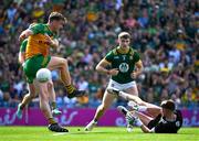 13 July 2025; Meath goalkeeper Billy Hogan saves a shot from Hugh McFadden of Donegal, in the 33rd minute, during the GAA Football All-Ireland Senior Championship semi-final match between Meath and Donegal at Croke Park in Dublin. Photo by Ray McManus/Sportsfile