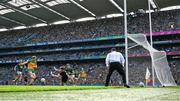 13 July 2025; Meath goalkeeper Billy Hogan saves a shot from Hugh McFadden of Donegal, in the 33rd minute, during the GAA Football All-Ireland Senior Championship semi-final match between Meath and Donegal at Croke Park in Dublin. Photo by Ray McManus/Sportsfile