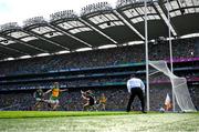 13 July 2025; Meath goalkeeper Billy Hogan saves a shot from Hugh McFadden of Donegal, in the 33rd minute, during the GAA Football All-Ireland Senior Championship semi-final match between Meath and Donegal at Croke Park in Dublin. Photo by Ray McManus/Sportsfile