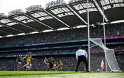 13 July 2025; Meath goalkeeper Billy Hogan saves a shot from Hugh McFadden of Donegal, in the 33rd minute, during the GAA Football All-Ireland Senior Championship semi-final match between Meath and Donegal at Croke Park in Dublin. Photo by Ray McManus/Sportsfile