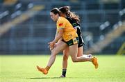 13 July 2025; Maria O'Neill of Antrim in action against Hannah Walsh of Sligo during the TG4 All-Ireland Ladies Football Junior Championship semi-final match between Antrim and Sligo at St Tiernach’s Park in Clones, Monaghan. Photo by Ben McShane/Sportsfile