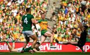 13 July 2025; Oisin Gallen of Donegal scores his side's first goal during the GAA Football All-Ireland Senior Championship semi-final match between Meath and Donegal at Croke Park in Dublin. Photo by Seb Daly/Sportsfile