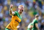 13 July 2025; Oisín Gallen of Donegal celebrates scoring his side's first goal the GAA Football All-Ireland Senior Championship semi-final match between Meath and Donegal at Croke Park in Dublin. Photo by Piaras Ó Mídheach/Sportsfile