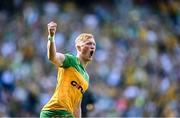 13 July 2025; Oisín Gallen of Donegal celebrates scoring his side's first goal the GAA Football All-Ireland Senior Championship semi-final match between Meath and Donegal at Croke Park in Dublin. Photo by Piaras Ó Mídheach/Sportsfile
