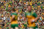 13 July 2025; Donegal supporters celebrate their side's second goal during the GAA Football All-Ireland Senior Championship semi-final match between Meath and Donegal at Croke Park in Dublin. Photo by Seb Daly/Sportsfile