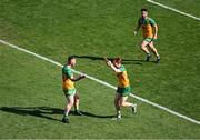 13 July 2025; Ciaran Moore of Donegal, right, celebrates with team-mate Patrick McBrearty after scoring his side's second goal during the GAA Football All-Ireland Senior Championship semi-final match between Meath and Donegal at Croke Park in Dublin. Photo by Daire Brennan/Sportsfile