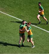 13 July 2025; Ciaran Moore of Donegal, right, celebrates with team-mate Patrick McBrearty after scoring his side's second goal during the GAA Football All-Ireland Senior Championship semi-final match between Meath and Donegal at Croke Park in Dublin. Photo by Daire Brennan/Sportsfile