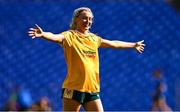 13 July 2025; Áine Tubridy of Antrim celebrates after her side's victory in the TG4 All-Ireland Ladies Football Junior Championship semi-final match between Antrim and Sligo at St Tiernach’s Park in Clones, Monaghan. Photo by Ben McShane/Sportsfile