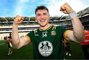 13 July 2025; Shane O'Donnell of Donegal, wearing a Meath jersey, celebrates after his side's victory in the GAA Football All-Ireland Senior Championship semi-final match between Meath and Donegal at Croke Park in Dublin. Photo by Seb Daly/Sportsfile