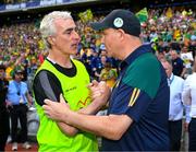 13 July 2025; The Donegal manager Jim McGuinness and Meath manager Robbie Brennan shake hands after the GAA Football All-Ireland Senior Championship semi-final match between Meath and Donegal at Croke Park in Dublin. Photo by Ray McManus/Sportsfile