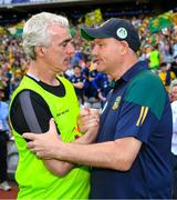 13 July 2025; The Donegal manager Jim McGuinness and Meath manager Robbie Brennan shake hands after the GAA Football All-Ireland Senior Championship semi-final match between Meath and Donegal at Croke Park in Dublin. Photo by Ray McManus/Sportsfile