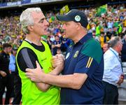 13 July 2025; The Donegal manager Jim McGuinness and Meath manager Robbie Brennan shake hands after the GAA Football All-Ireland Senior Championship semi-final match between Meath and Donegal at Croke Park in Dublin. Photo by Ray McManus/Sportsfile