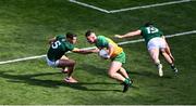 13 July 2025; Patrick McBrearty of Donegal in action against Donal Keogan, left, and James McEntee of Meath during the GAA Football All-Ireland Senior Championship semi-final match between Meath and Donegal at Croke Park in Dublin. Photo by Daire Brennan/Sportsfile