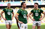 13 July 2025; James McEntee of Meath, centre, and teammates after their side's defeat in the GAA Football All-Ireland Senior Championship semi-final match between Meath and Donegal at Croke Park in Dublin. Photo by Seb Daly/Sportsfile