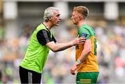13 July 2025; Donegal manager Jim McGuinness and Oisin Gallen during the GAA Football All-Ireland Senior Championship semi-final match between Meath and Donegal at Croke Park in Dublin. Photo by Seb Daly/Sportsfile