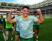 13 July 2025; Odhran McFadden Ferry of Donegal, wearing a Meath shirt, celebrates after the GAA Football All-Ireland Senior Championship semi-final match between Meath and Donegal at Croke Park in Dublin. Photo by Ray McManus/Sportsfile