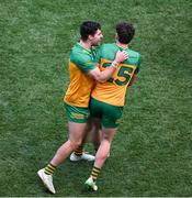 13 July 2025; Brendan McCole, left, and Dáire Ó Baoill of Donegal celebrate after the GAA Football All-Ireland Senior Championship semi-final match between Meath and Donegal at Croke Park in Dublin. Photo by Daire Brennan/Sportsfile