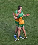 13 July 2025; Caolan McGonagle, left, and Conor O'Donnell of Donegal celebrate after the GAA Football All-Ireland Senior Championship semi-final match between Meath and Donegal at Croke Park in Dublin. Photo by Daire Brennan/Sportsfile