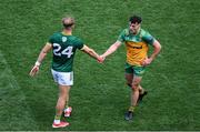 13 July 2025; Shane Walsh of Meath and Odhran McFadden Ferry of Donegal shake hands after the GAA Football All-Ireland Senior Championship semi-final match between Meath and Donegal at Croke Park in Dublin. Photo by Daire Brennan/Sportsfile