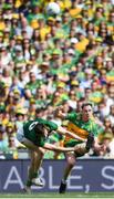 13 July 2025; Ciaran Thompson of Donegal in action against Adam O'Neill of Meath during the GAA Football All-Ireland Senior Championship semi-final match between Meath and Donegal at Croke Park in Dublin. Photo by John Sheridan/Sportsfile