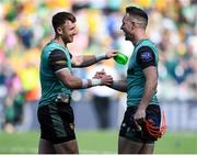 13 July 2025; Donegal players, from left, Shaun Patton and Gavin Mulreany celebrate after the GAA Football All-Ireland Senior Championship semi-final match between Meath and Donegal at Croke Park in Dublin. Photo by John Sheridan/Sportsfile