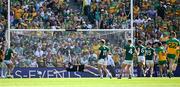 13 July 2025; Meath goalkeeper Billy Hogan is beaten for Donegal's second goal during the GAA Football All-Ireland Senior Championship semi-final match between Meath and Donegal at Croke Park in Dublin. Photo by Ray McManus/Sportsfile