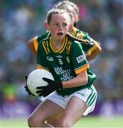 13 July 2025; Eva O'Connor, St Senan's National School, Cloghroe, Cork, representing Meath, during the GAA INTO Cumann na mBunscol Respect Exhibition Go Games match at the GAA Football All-Ireland Senior Championship semi-final match between Meath and Donegal at Croke Park in Dublin. Photo by Ray McManus/Sportsfile