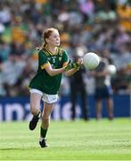 13 July 2025; Leah Ramsbottom, Timahoe National School, Timahoe, Laois, representing Meath, during the GAA INTO Cumann na mBunscol Respect Exhibition Go Games match at the GAA Football All-Ireland Senior Championship semi-final match between Meath and Donegal at Croke Park in Dublin. Photo by Ray McManus/Sportsfile