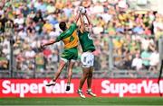 13 July 2025; Ciarán Caulfield of Meath in action against Peadar Mogan of Donegal during the GAA Football All-Ireland Senior Championship semi-final match between Meath and Donegal at Croke Park in Dublin. Photo by Seb Daly/Sportsfile