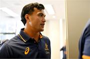 14 July 2025; Joseph-Aukuso Suaalii leaves an Australia media conference at the Amora Hotel Brisbane, Australia. Photo by Brendan Moran/Sportsfile