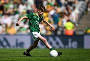 13 July 2025; Alex Travers, St Corban's Boys National School, Naas, Kildare, representing Meath, during the GAA INTO Cumann na mBunscol Respect Exhibition Go Games match at the GAA Football All-Ireland Senior Championship semi-final match between Meath and Donegal at Croke Park in Dublin. Photo by Seb Daly/Sportsfile
