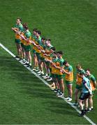 13 July 2025; The Donegal team pay their respects to the late Damien O'Brien, Natalie McLaughlin, and Ella McLaughlin, ahead of the GAA Football All-Ireland Senior Championship semi-final match between Meath and Donegal at Croke Park in Dublin. Photo by Daire Brennan/Sportsfile
