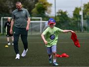 14 July 2025; Republic of Ireland U21's head coach Jim Crawford coaching Donnacha Allen at a MiWadi FAI Football Camp at Tullamore Town FC in Tullamore, Offaly. Photo by Piaras Ó Mídheach/Sportsfile