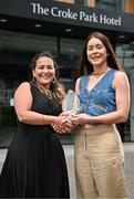 14 July 2025; Louth captain Áine Breen is presented with The Croke Park Hotel/LGFA Player of the Month award for June 2025 by Fernanda Dotti, Sales Manager, The Croke Park Hotel, at The Croke Park Hotel in Jones Road, Dublin. Team captain Áine has been in superb form for Louth during their progress to the TG4 All-Ireland Junior Championship Final on Sunday August 3rd. Photo by Sam Barnes/Sportsfile