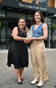 14 July 2025; Louth captain Áine Breen is presented with The Croke Park Hotel/LGFA Player of the Month award for June 2025 by Fernanda Dotti, Sales Manager, The Croke Park Hotel, at The Croke Park Hotel in Jones Road, Dublin. Team captain Áine has been in superb form for Louth during their progress to the TG4 All-Ireland Junior Championship Final on Sunday August 3rd. Photo by Sam Barnes/Sportsfile