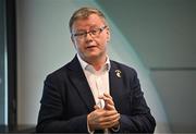 14 July 2025; Camogie Association president Brian Molloy speaking during the MyClubShop.ie GAA All-Ireland Poc Fada Launch at Croke Park in Dublin. Photo by Sam Barnes/Sportsfile