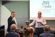 14 July 2025; Camogie Association president Brian Molloy, left, makes the draw during the MyClubShop.ie GAA All-Ireland Poc Fada Launch at Croke Park in Dublin. Photo by Sam Barnes/Sportsfile