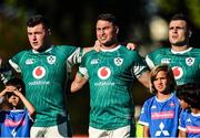 12 July 2025; Gus McCarthy, left, Shayne Bolton and Alex Kendellen of Ireland during the national anthem before the International Rugby Test match between Portugal and Ireland at Estádio Nacional do Jamor in Lisbon, Portugal. Photo by David Fitzgerald/Sportsfile
