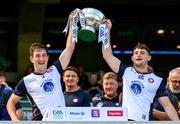 13 July 2025; Kevin, left, and Liam Rafferty of New York lifts the cup after the GAA Football All-Ireland Junior Championship final match between New York and London at Croke Park in Dublin. Photo by Ray McManus/Sportsfile