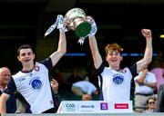 13 July 2025; Aaron Traynor, left, and Lorcan Kennedy of New York lifts the cup after the GAA Football All-Ireland Junior Championship final match between New York and London at Croke Park in Dublin. Photo by Ray McManus/Sportsfile