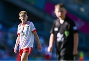 12 July 2025; Tadhg McCormack, St Conleth's National School, in Carbury, Kildare, representing Tyrone, during the GAA INTO Cumann na mBunscol Respect Exhibition Go Games match at the GAA Football All-Ireland Senior Championship semi-final match between Kerry and Tyrone at Croke Park in Dublin. Photo by Piaras Ó Mídheach/Sportsfile