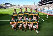 12 July 2025; The Kerry team, back row from left; Aidan Mc Namara, Lissycasey National School, Lissycasey, Clare, Aaron Brosnan, Holy Cross, Dundrum, Dublin, Liam Walsh, Scoil Eoin Baiste, Lios Póil, Chiarraí, Adam Kelly, St Kieran's National School, Clonmacnois, Offaly, and Robert Flynn, Scoil Mhuire, Newtownforbes, Longford, and front row, from left; Jamie Hoey, Scoil Eoin Phoil, Tullamore, Offaly, Sean Hurley, Gaelscoil Dr Uí Shuilleabháin, Gort Na Cloiche, Corcaigh, Jonathon Delaney, Scoil Eoin Phóil, Ballyroan, Laois, James Dunne, Holy Family National School, Tubbercurry, Sligo, and Patrick Keogh, Milford Grange National School, Castletroy, Limerick, before the GAA Football All-Ireland Senior Championship semi-final match between Kerry and Tyrone at Croke Park in Dublin. Photo by Piaras Ó Mídheach/Sportsfile